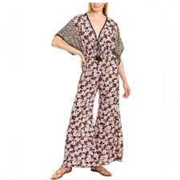 Jade by Johnny Was Pink and Black Floral V-Neck Flutter Sleeve Jumpsuit size S - Picture 2 of 9